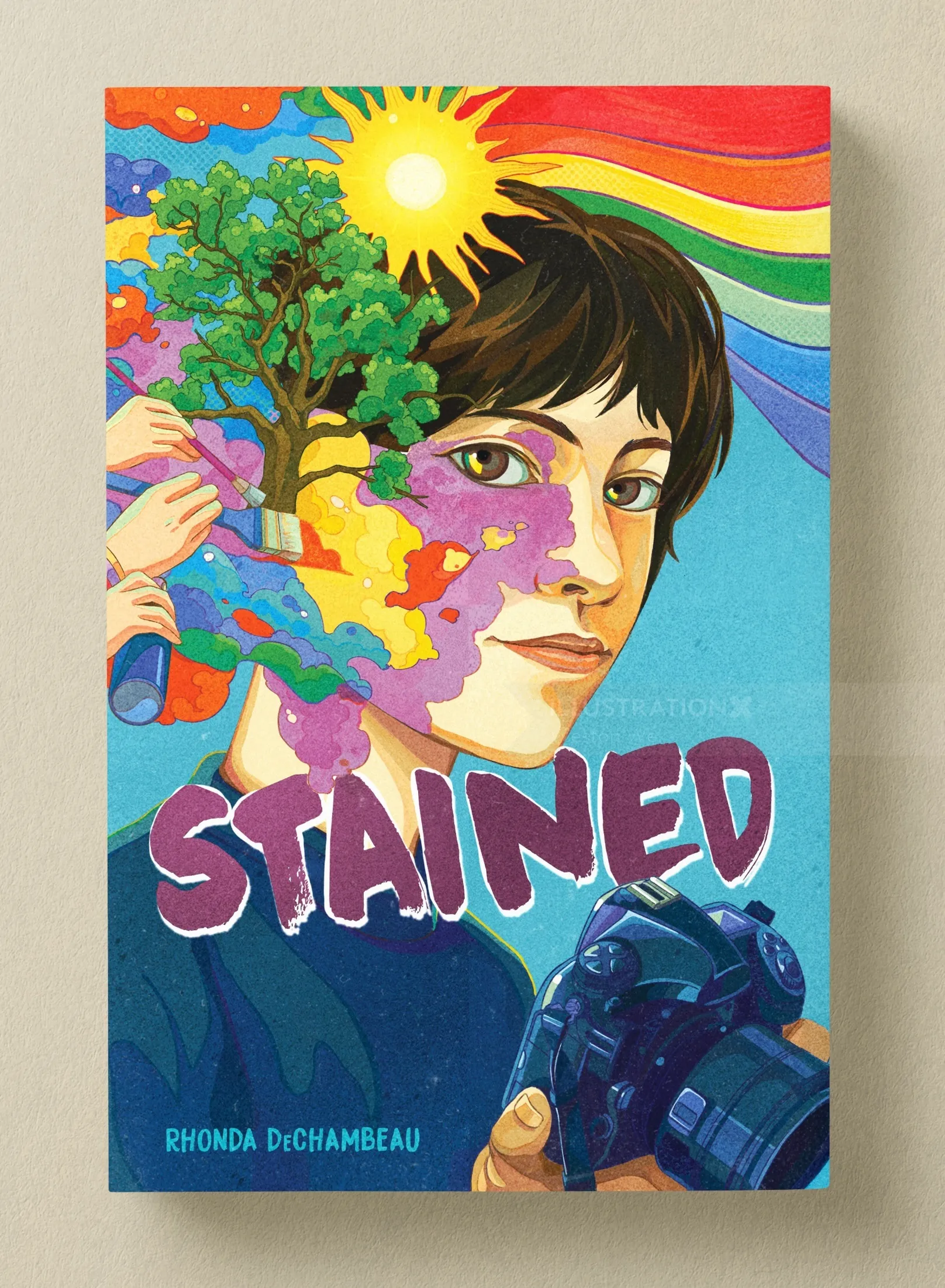 Colorful book cover art for Stained featuring a person and rainbow by Weston Wei