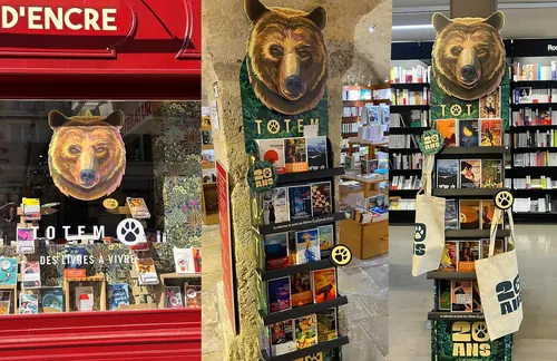 Bookstore totem shelf shaped like a bear, filled with books and magazines by Weston Wei