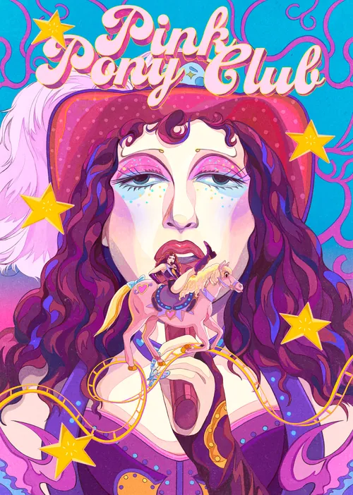 Colorful portrait of Chappell Roan with pink pony and stars by Weston Wei