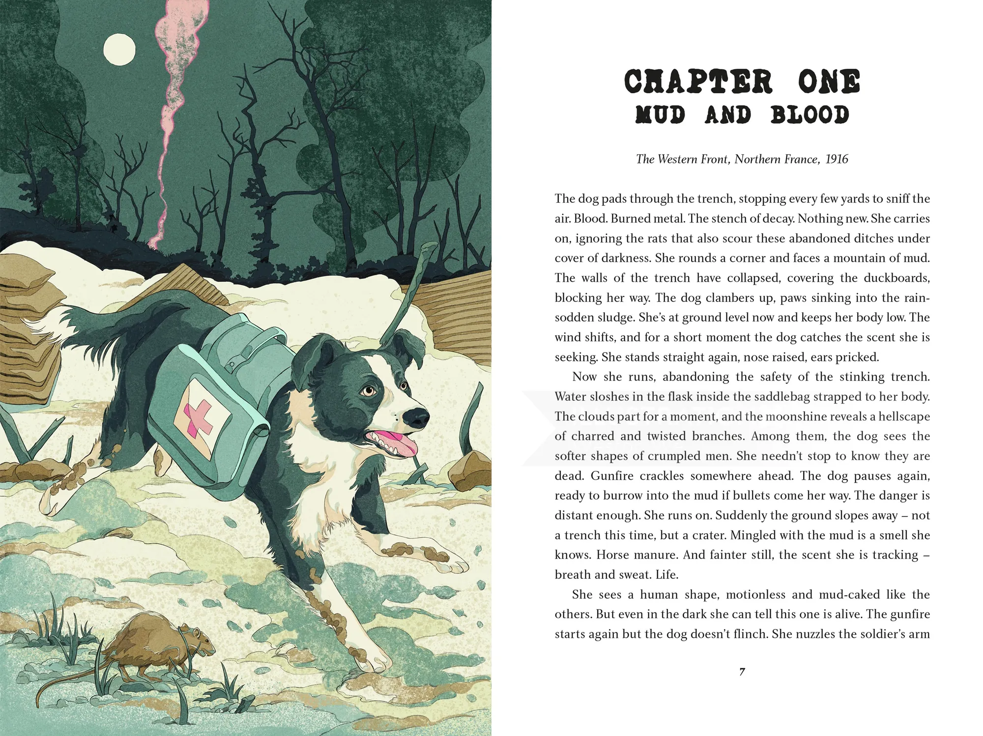 Weston Wei ilustração de um cachorro correndo na lama ao lado de uma página de capítulo de um livro