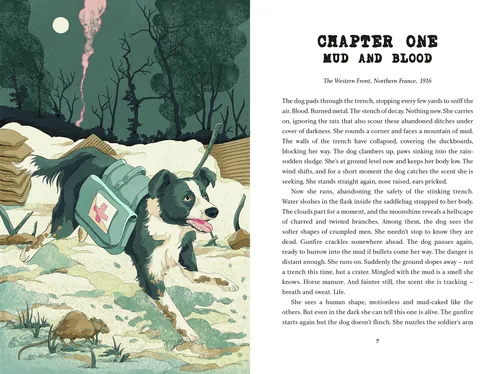 Weston Wei ilustração de um cachorro correndo na lama ao lado de uma página de capítulo de um livro