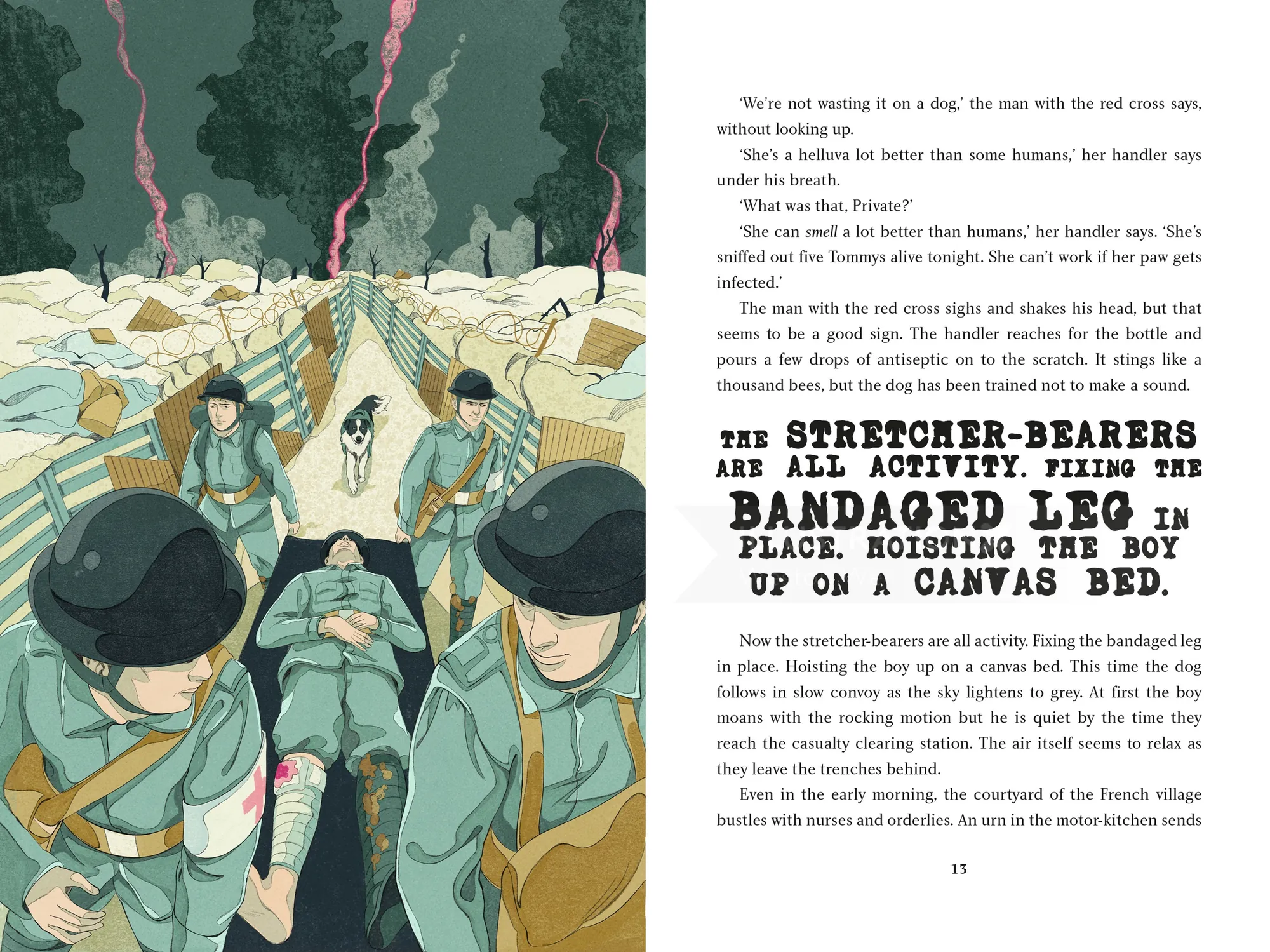 Weston Wei ilustração de soldados feridos sendo carregados em macas ao lado do texto do livro