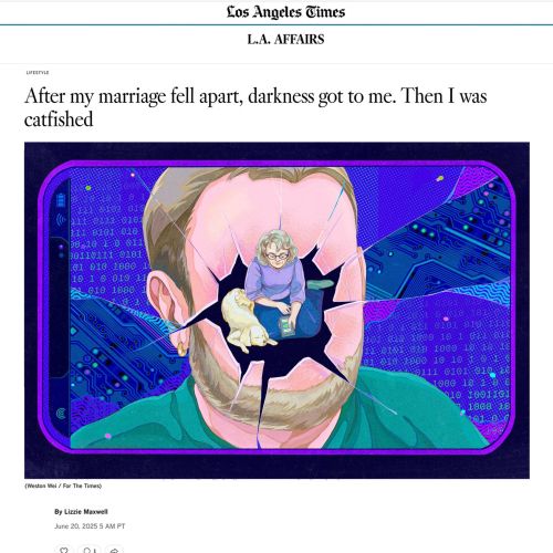 Weston Wei illustration of a person emerging from a giant mouth on a digital screen