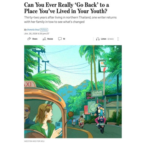 Illustration by Weston Wei of a tropical street with a child and scooter riders