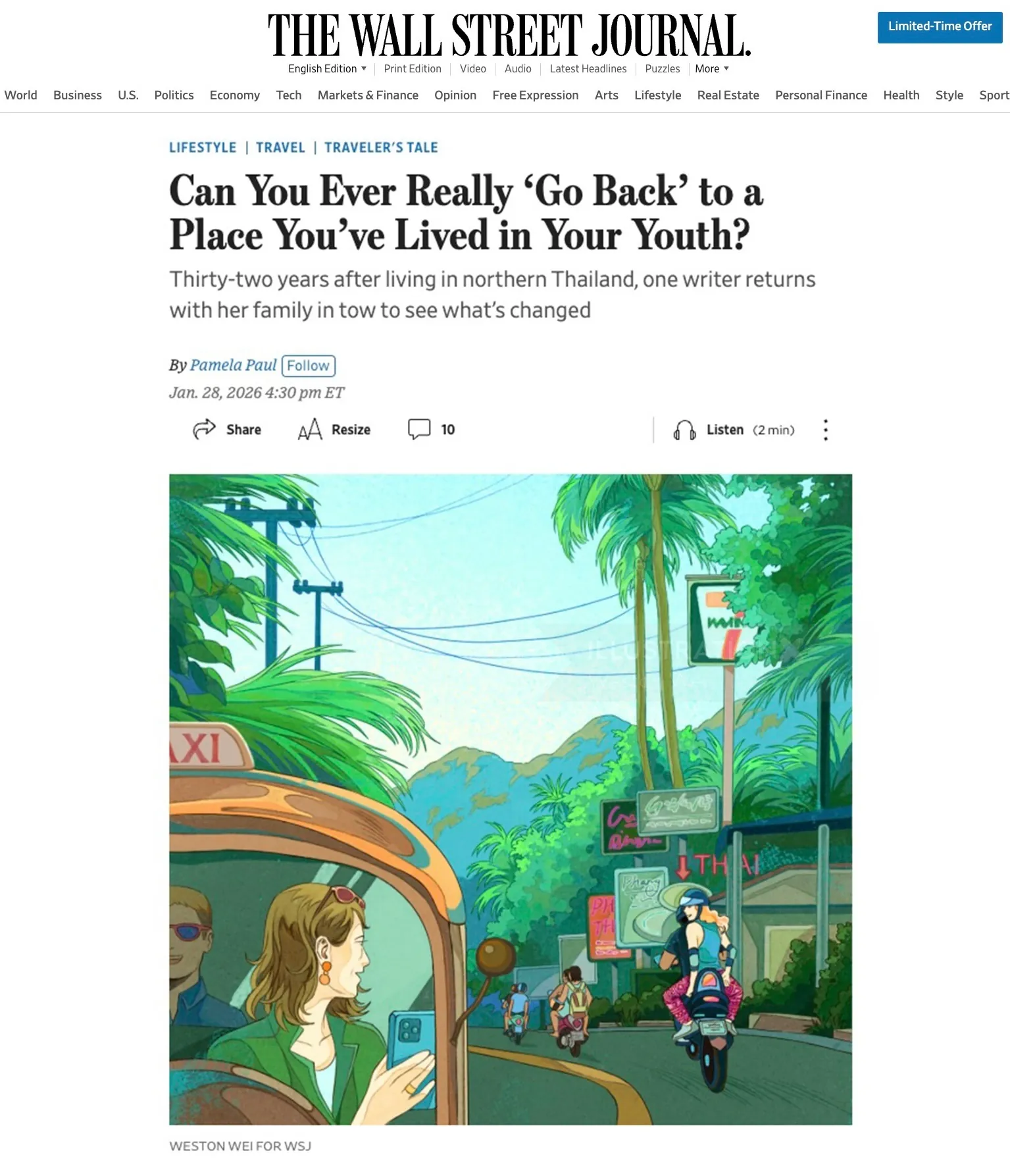 Illustration par Weston Wei d'une rue tropicale avec un enfant et des personnes à scooter