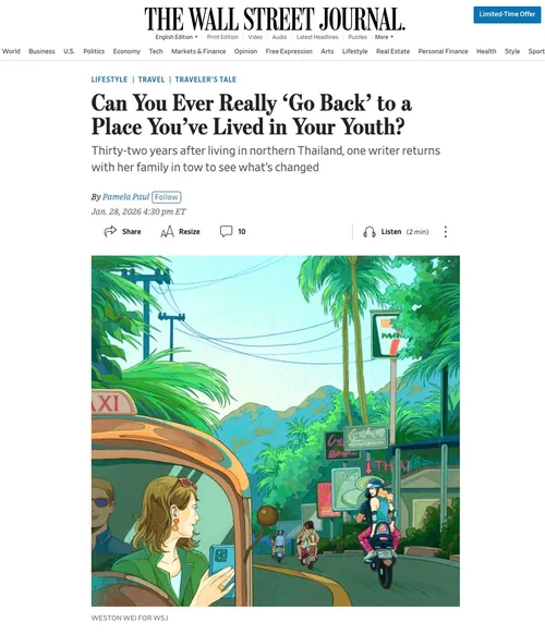 Illustration by Weston Wei of a tropical street with a child and scooter riders