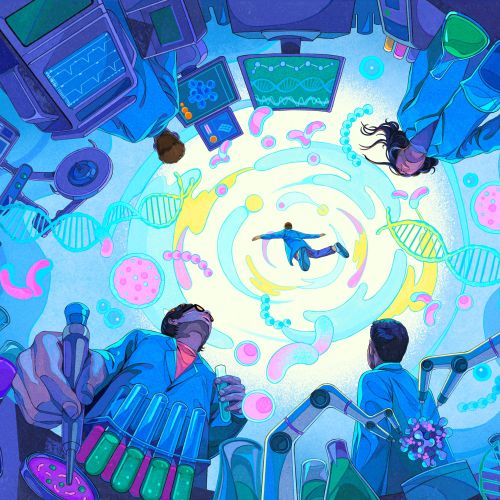 Weston Wei illustration of researchers exploring medical discoveries