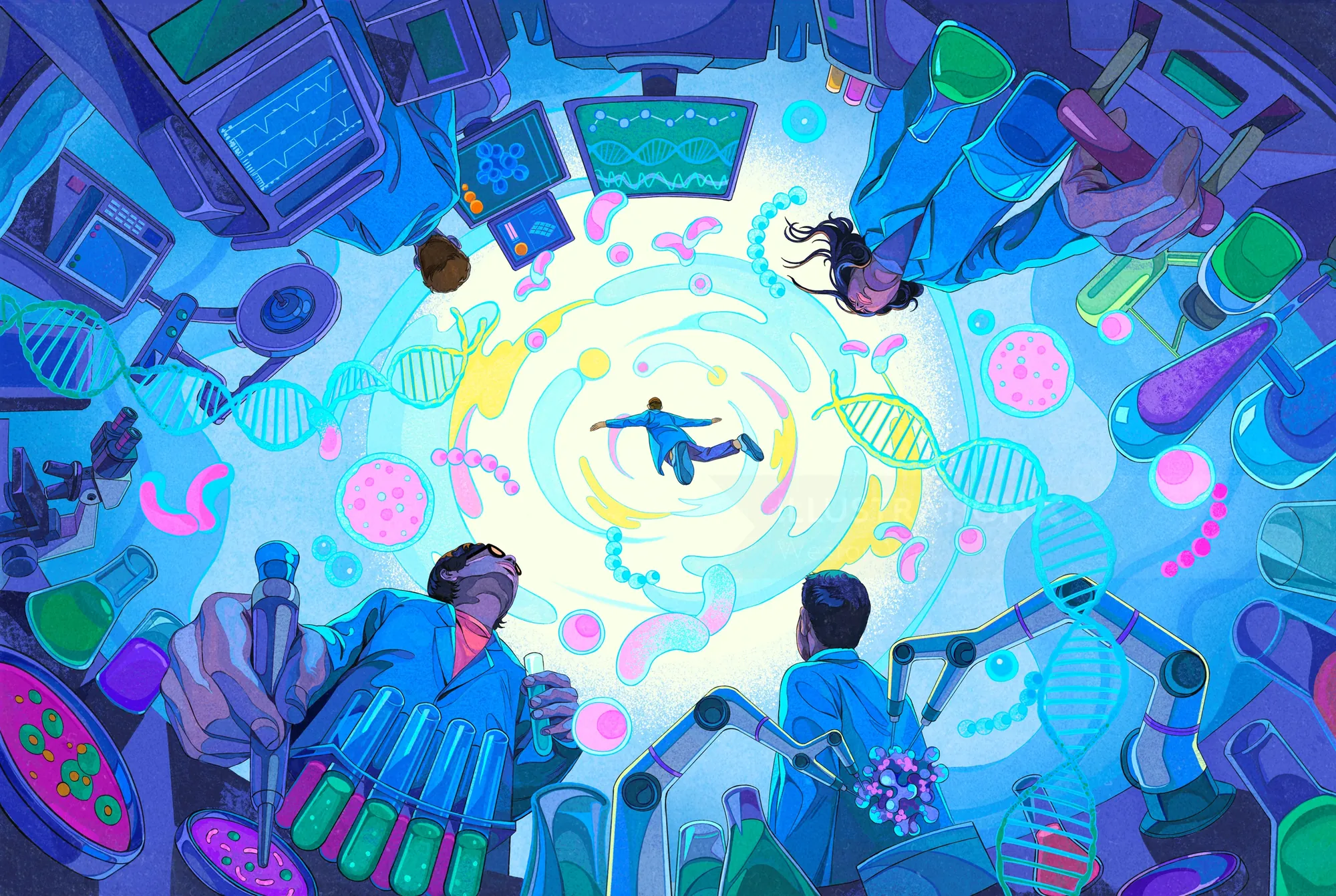 Weston Wei ilustração de pesquisadores explorando descobertas médicas