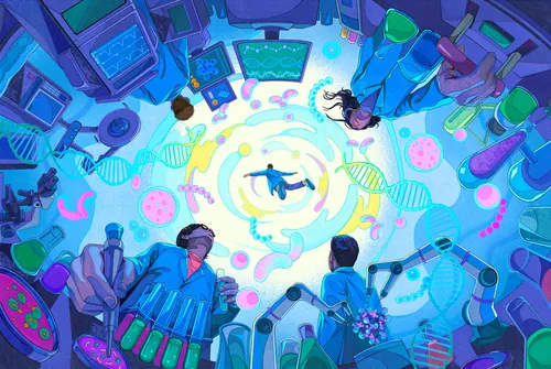 Weston Wei ilustração de pesquisadores explorando descobertas médicas