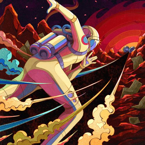 Weston Wei illustration of an astronaut racing across a colorful alien landscape