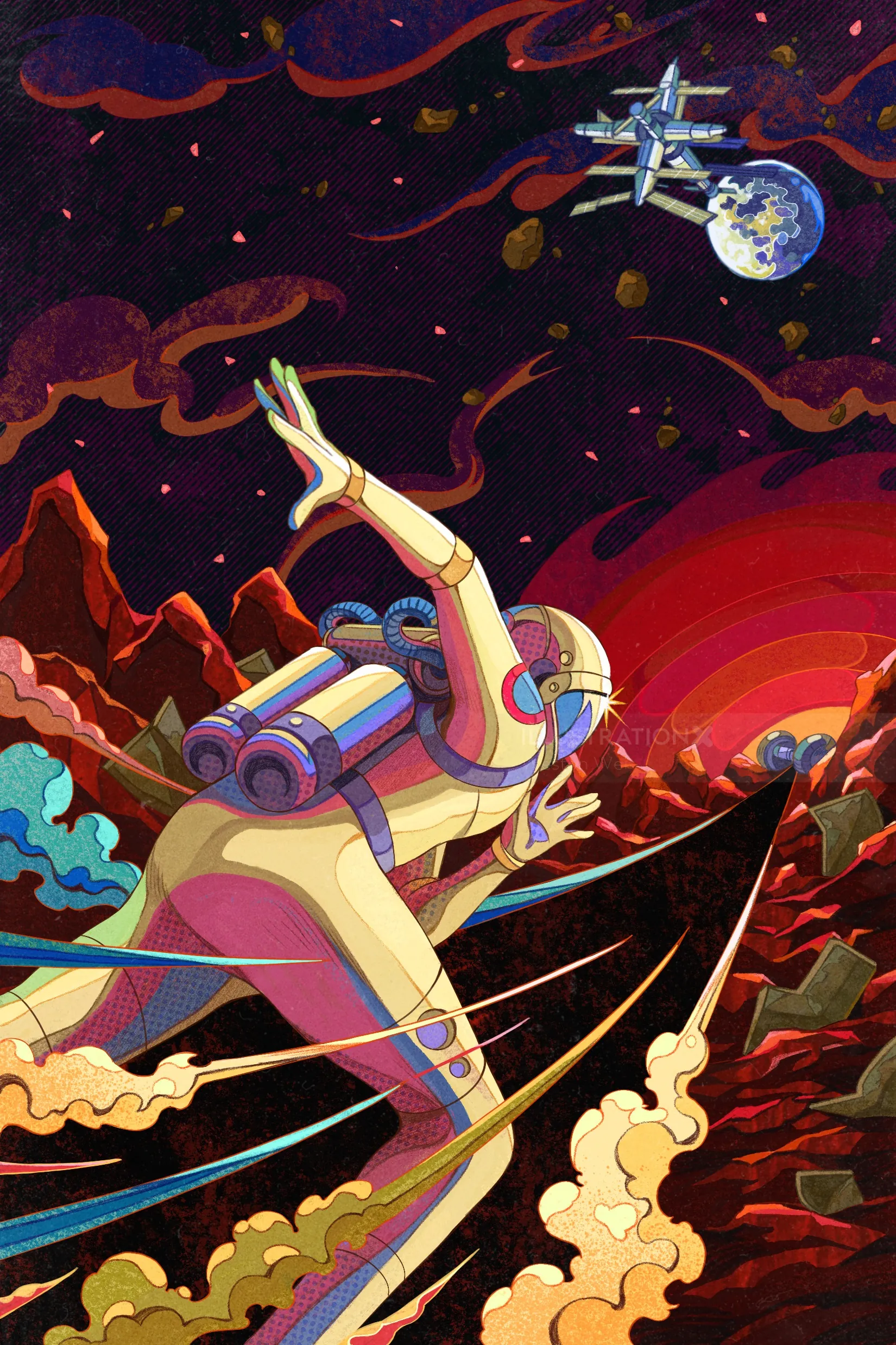 Weston Wei ilustração de um astronauta correndo por uma paisagem alienígena colorida