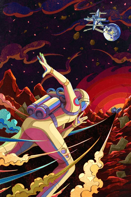 Weston Wei ilustração de um astronauta correndo por uma paisagem alienígena colorida