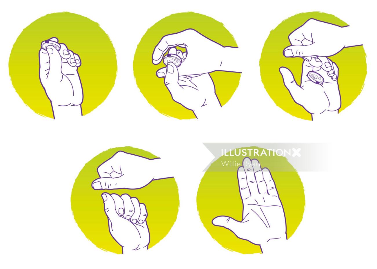 Magic Hands Coin Trick Vector Graphic
