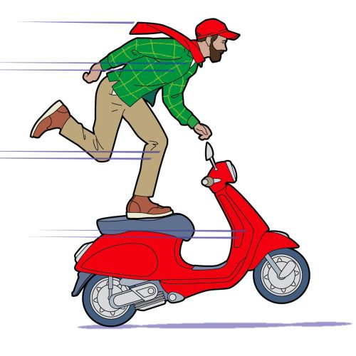 scooter, man on scooter, vespa, man balancing, red scooter, joy ride, hipsterGraphic illustration of