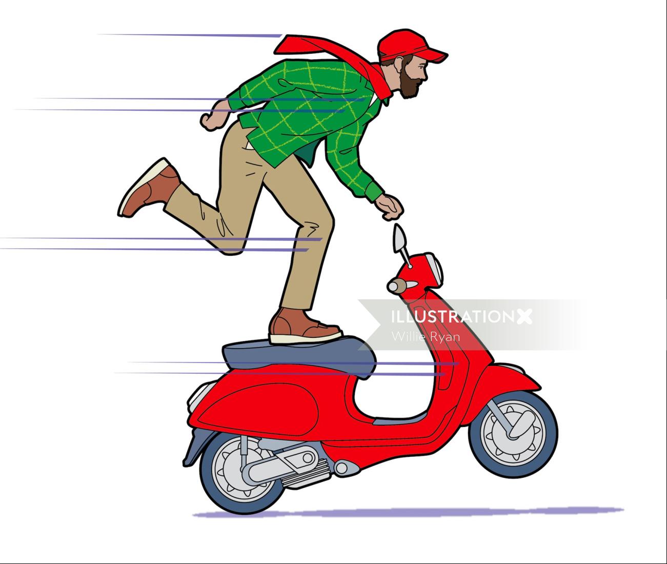 scooter, man on scooter, vespa, man balancing, red scooter, joy ride, hipsterGraphic illustration of