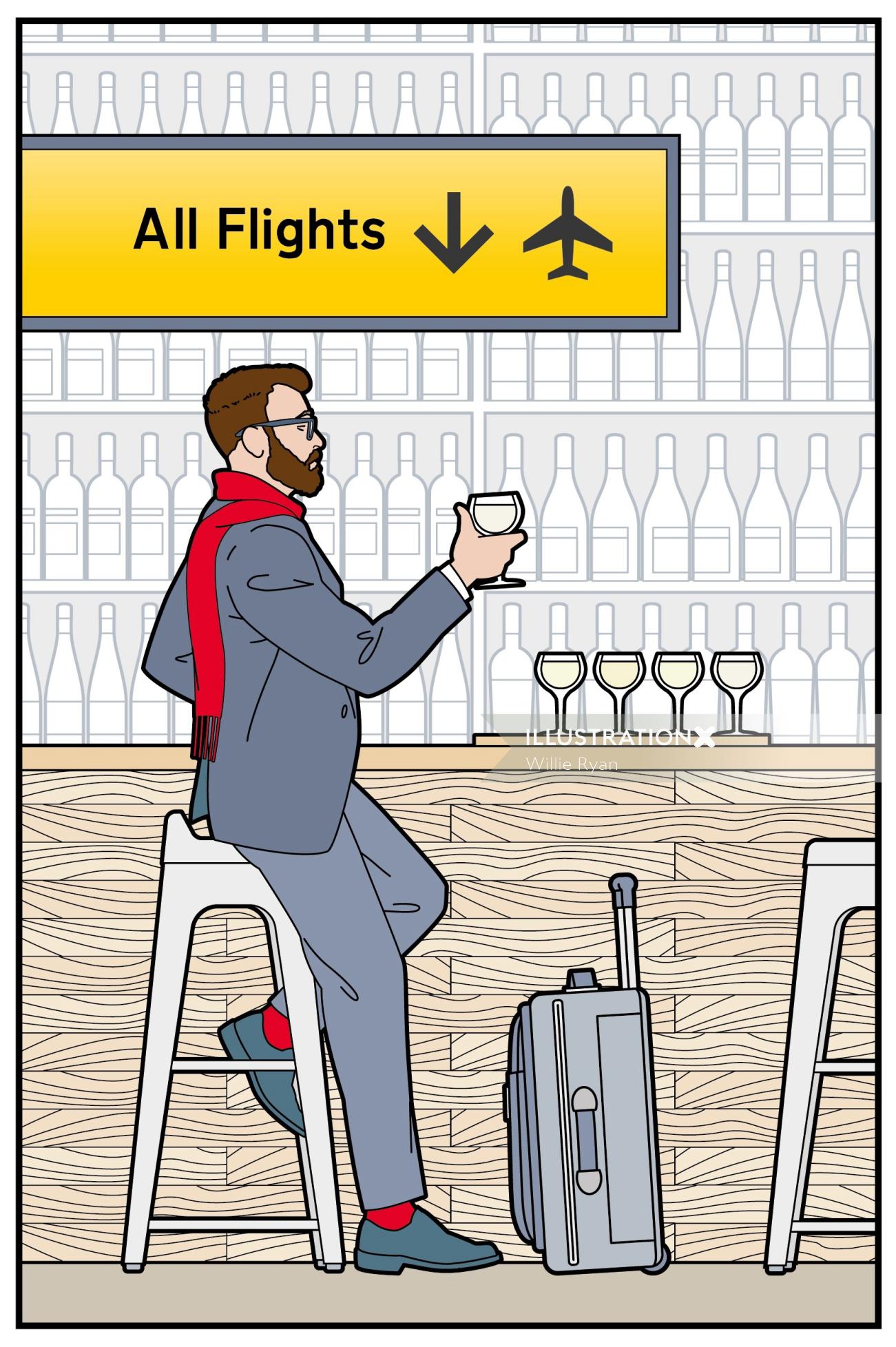 空港、バー、ワイン、テイスティング、出発、ラウンジ、旅行者、旅行