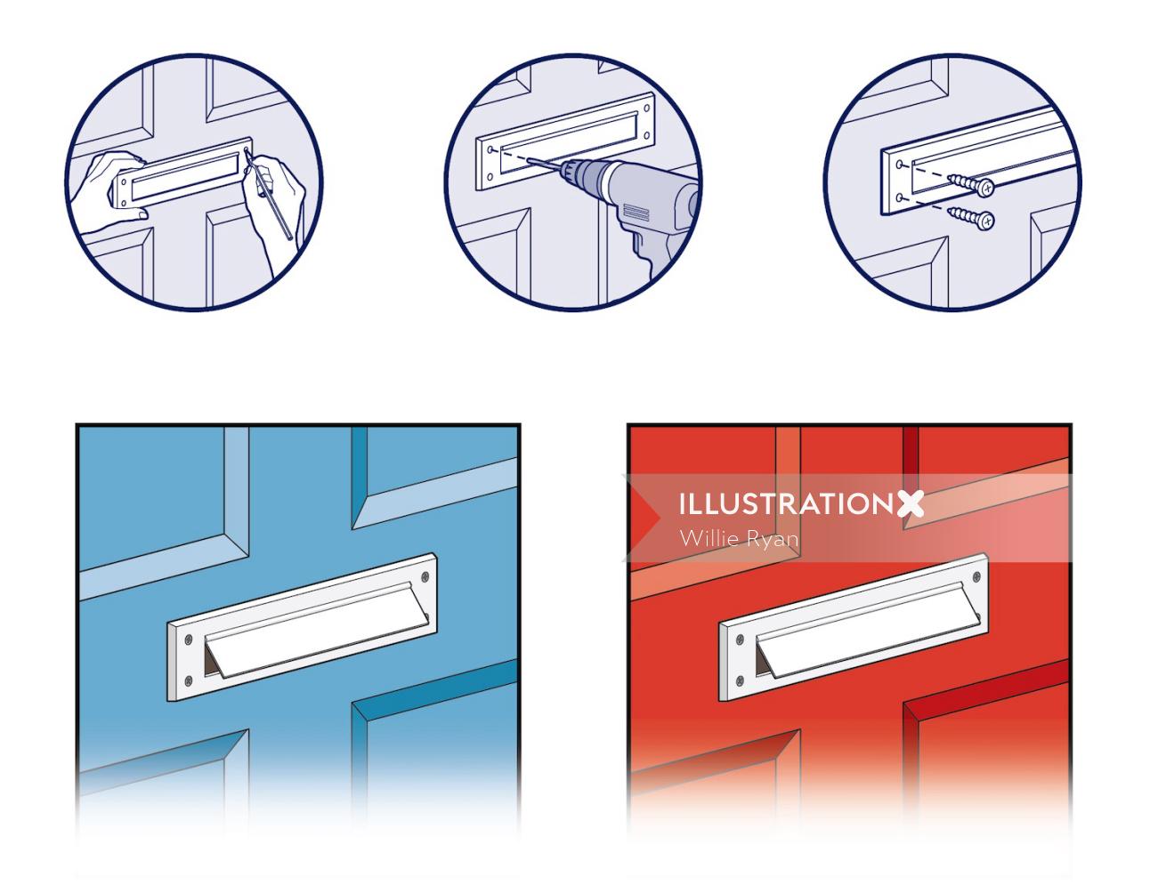 Step by step letterbox tools fitting realistic illustration 