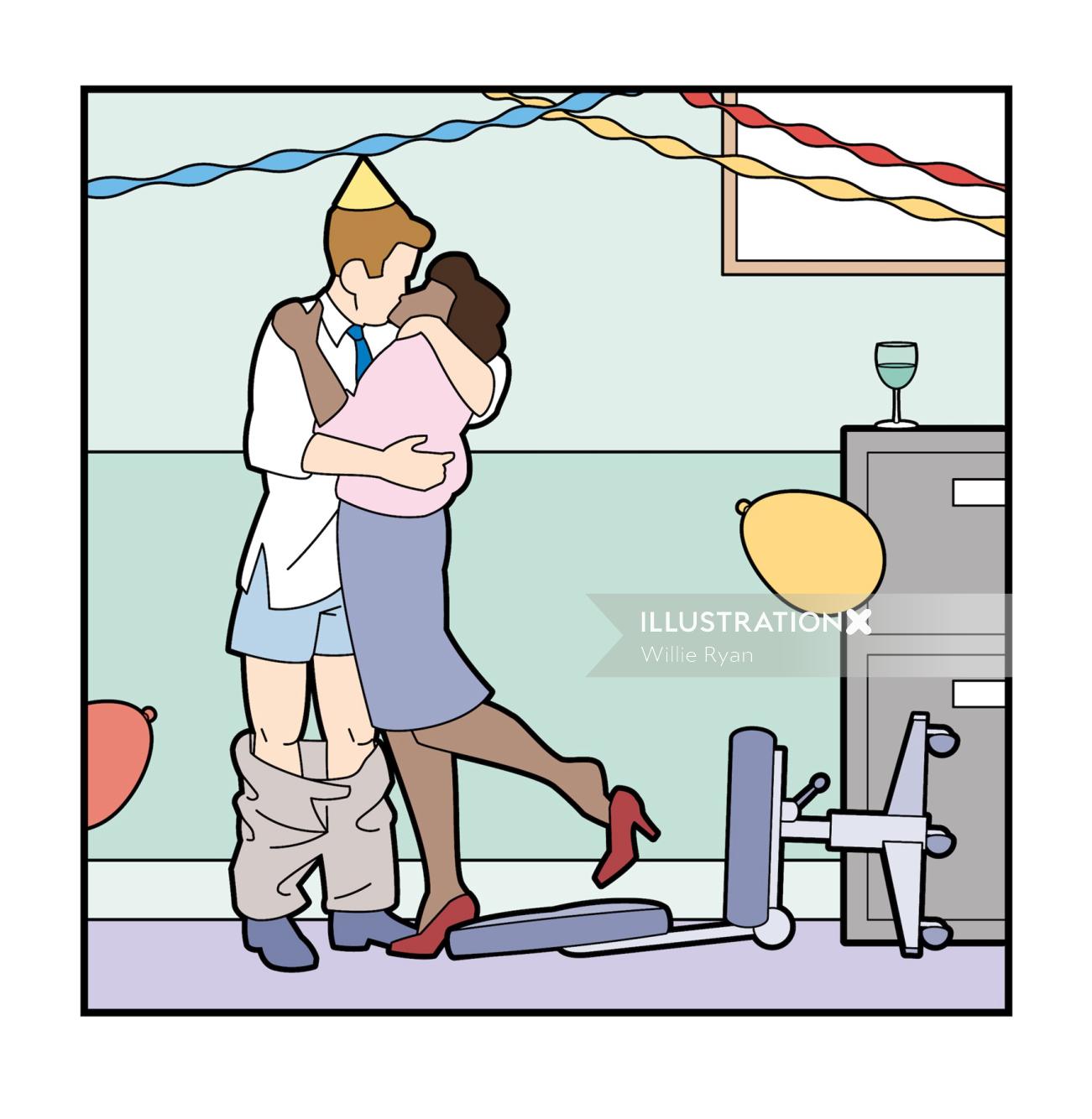 Office party kissing illustration for Research magazine