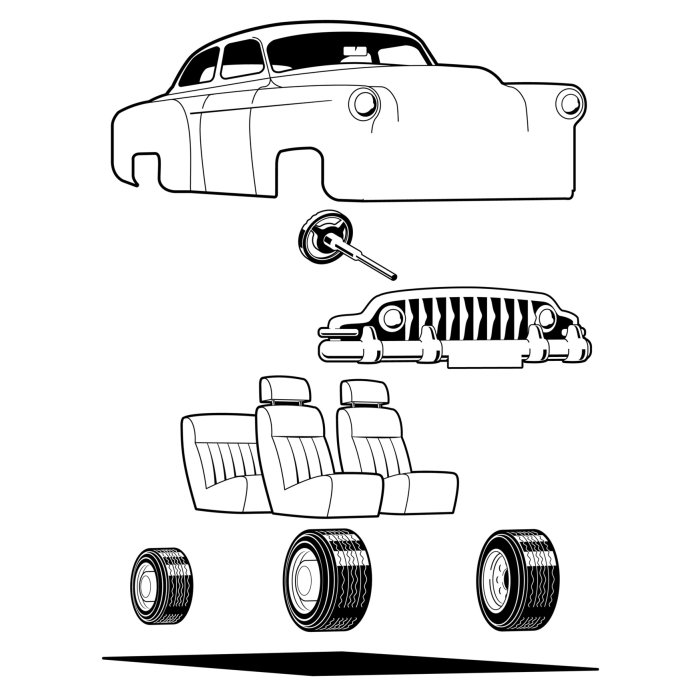 Black & white diagram of car body parts