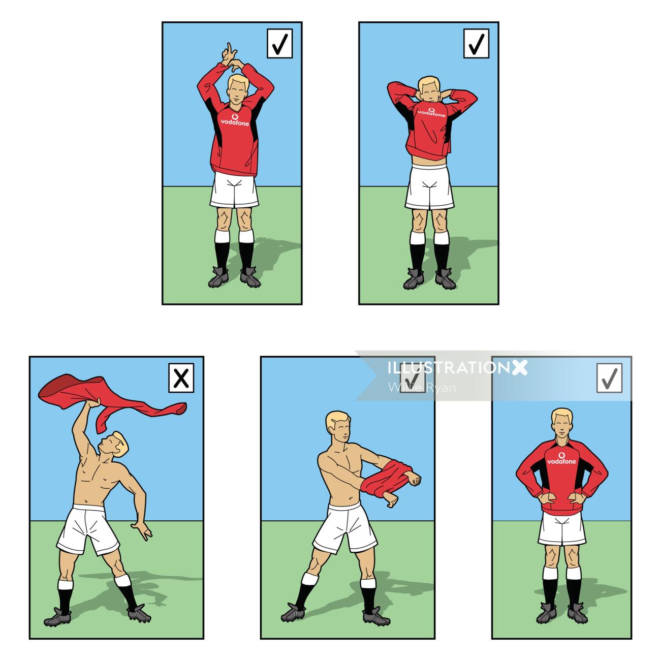 Footballer removing t-shirt humorous illustration