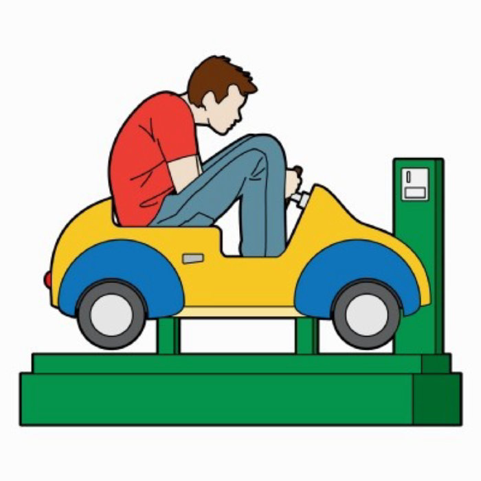 tiny driver in tiny coin-op car graphic
