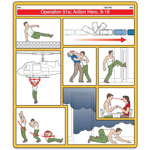 Drawings of action hero airplane safety instructions