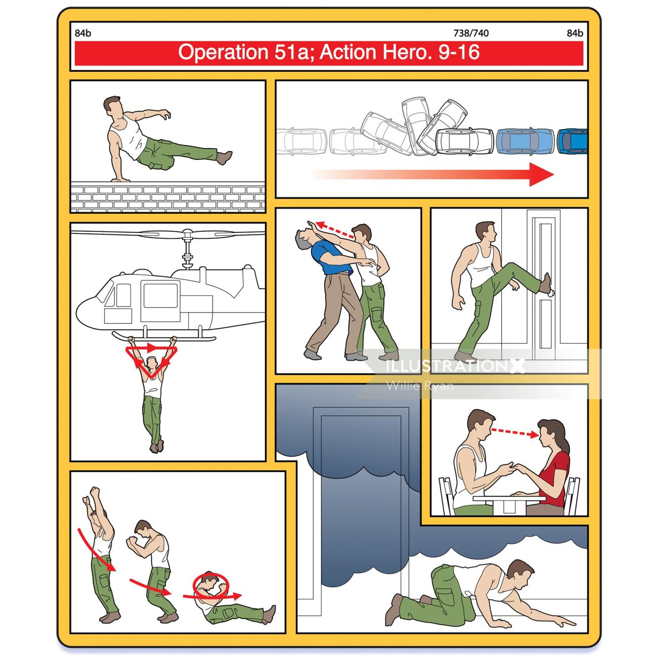 アクションヒーロー飛行機の安全指示の図面