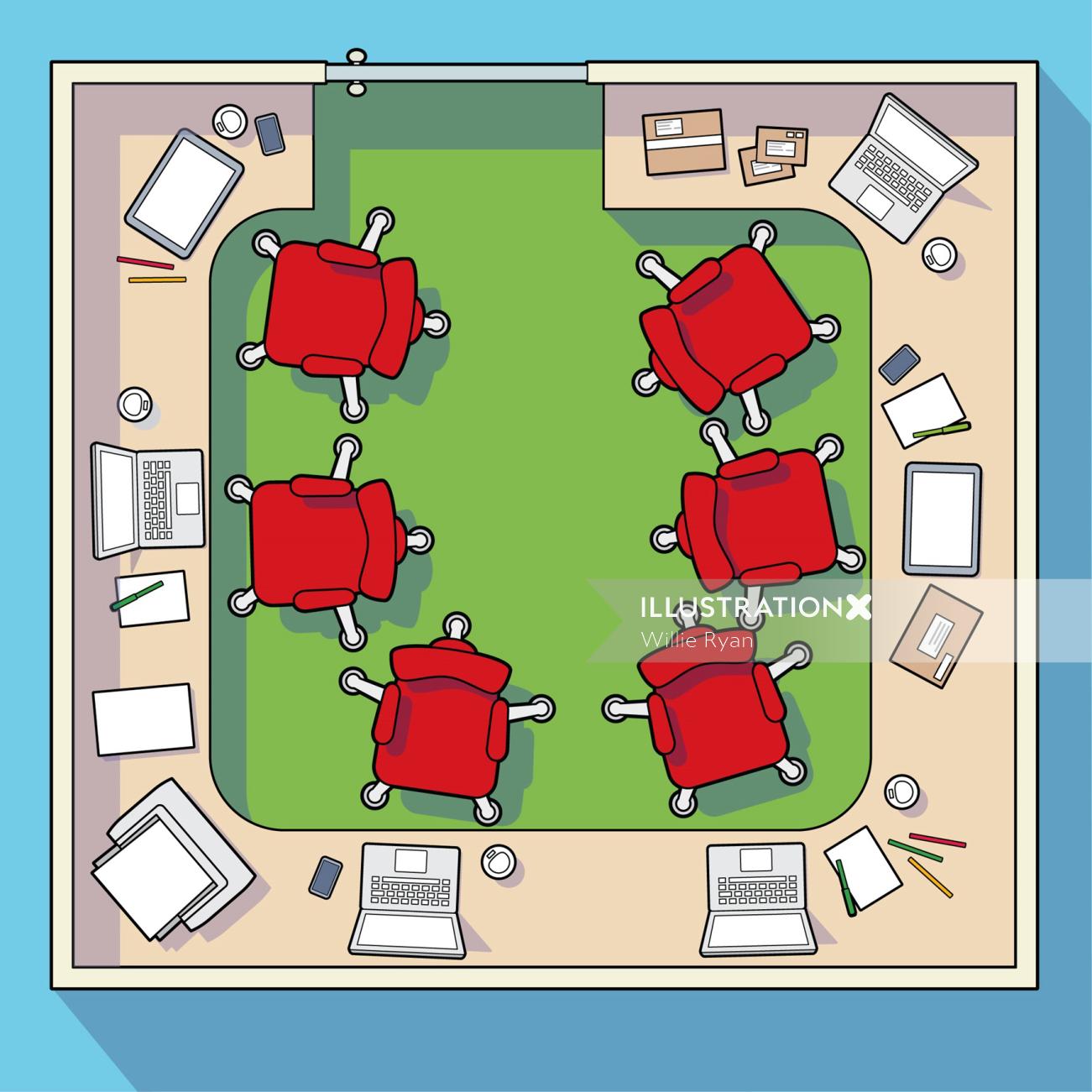 Vue aérienne de l&#39;illustration vectorielle de sièges de bureau