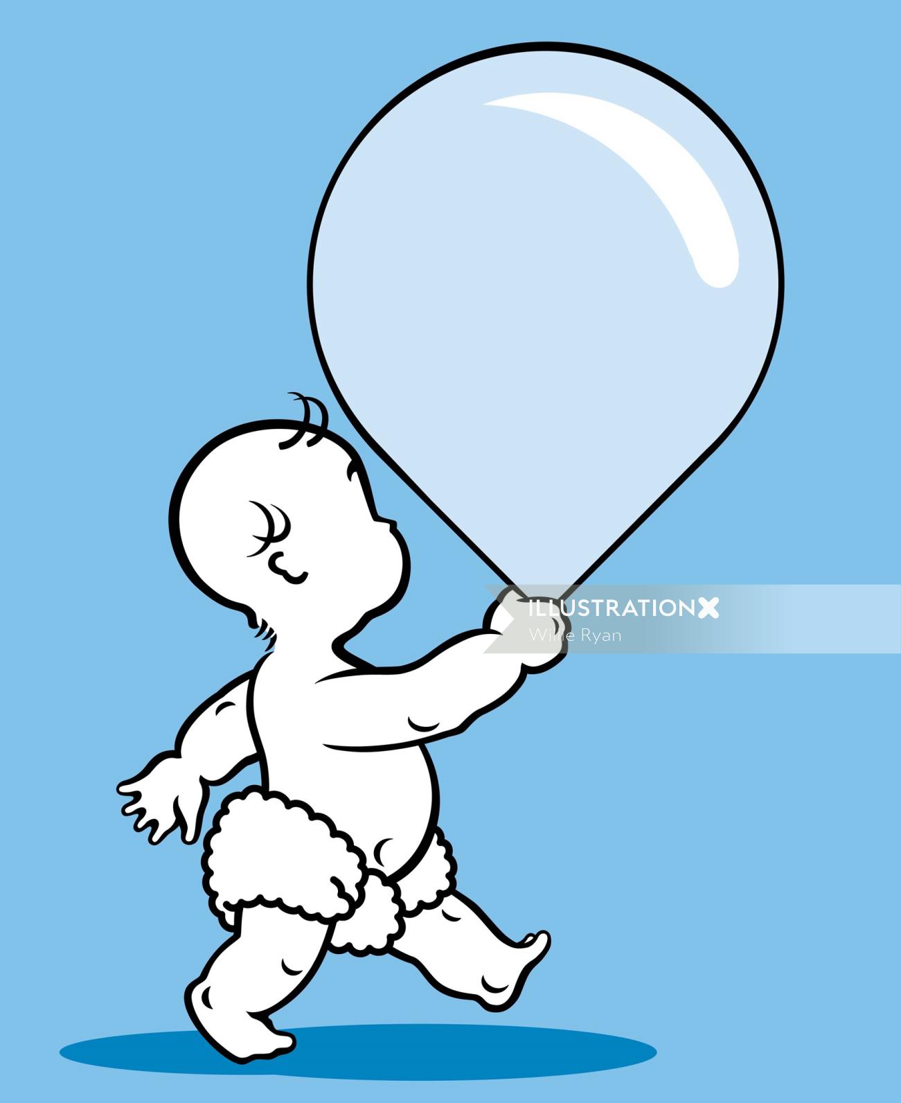 line artwork of little boy holding balloon