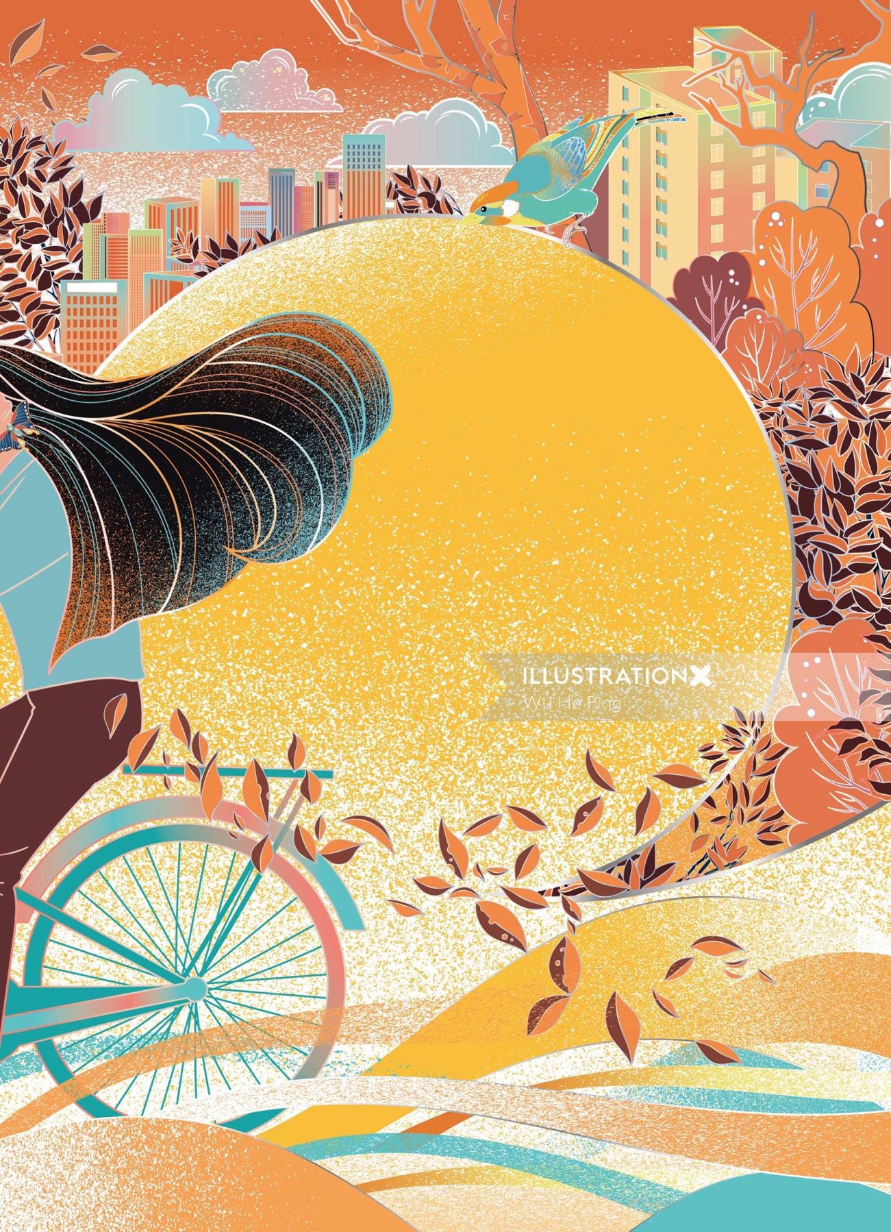 自転車の装飾的なイラストの女性