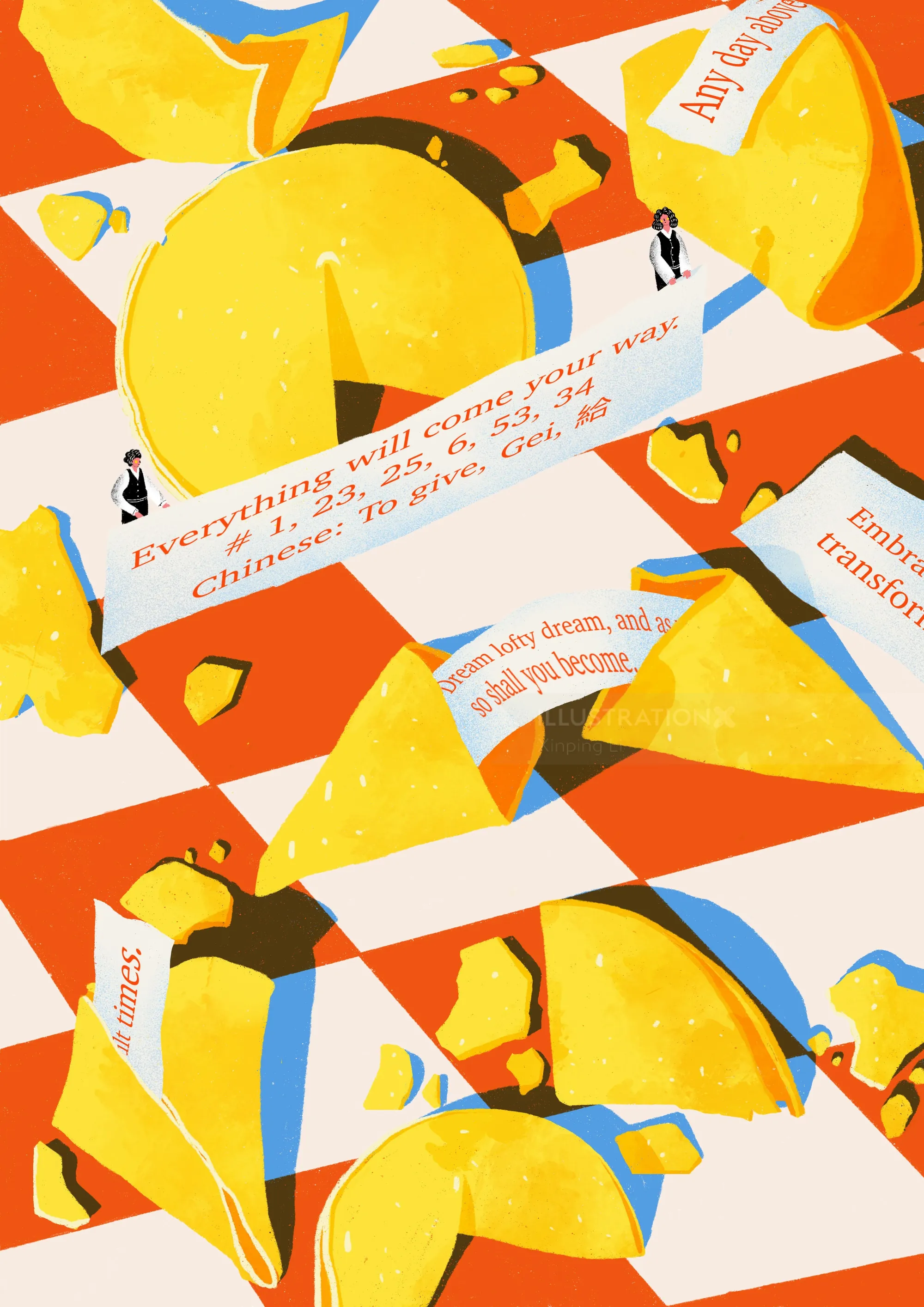 Several broken fortune cookies with visible fortune slips