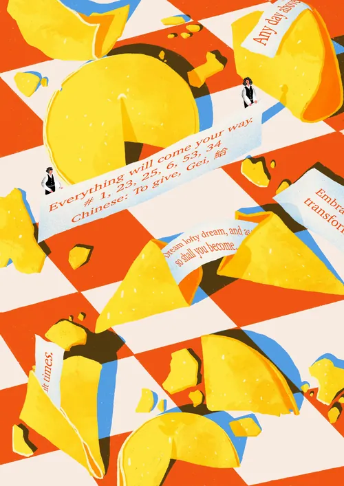 Several broken fortune cookies with visible fortune slips