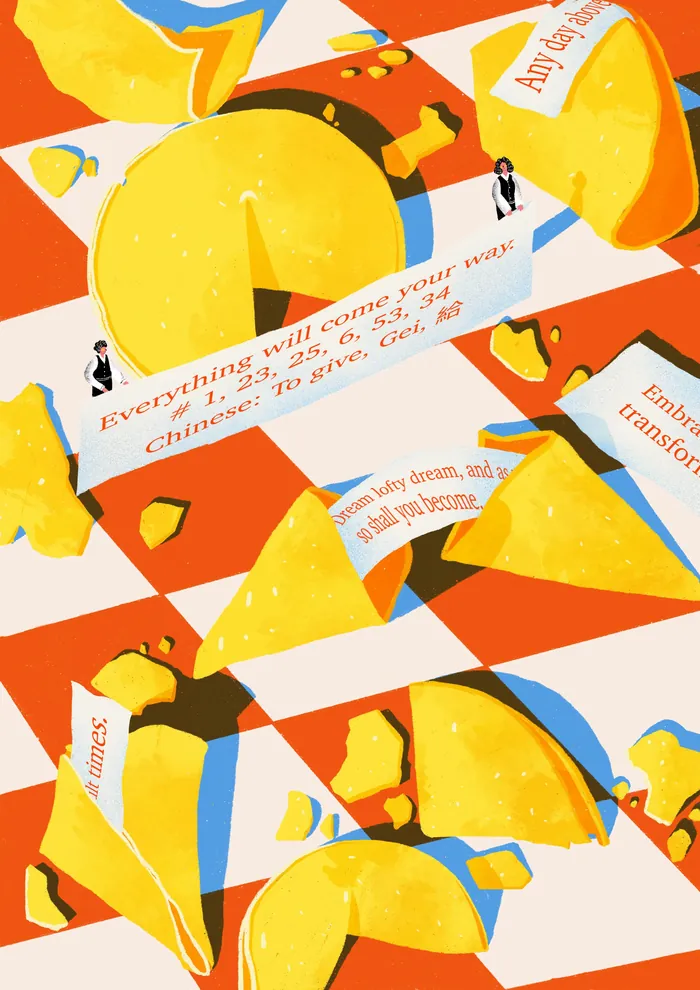 Several broken fortune cookies with visible fortune slips