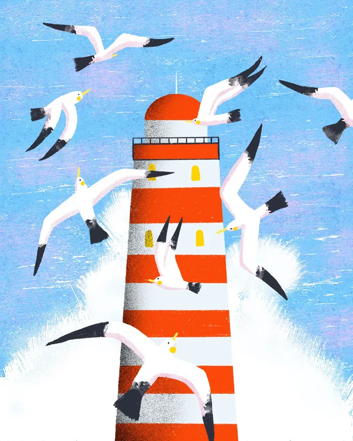 Red and white striped lighthouse with flying seagulls under blue sky