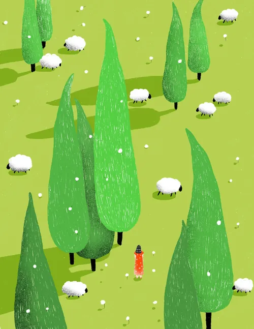 Green field with tall trees and scattered white sheep