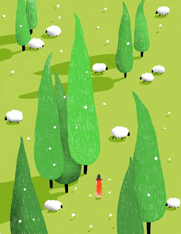 Green field with tall trees and scattered white sheep