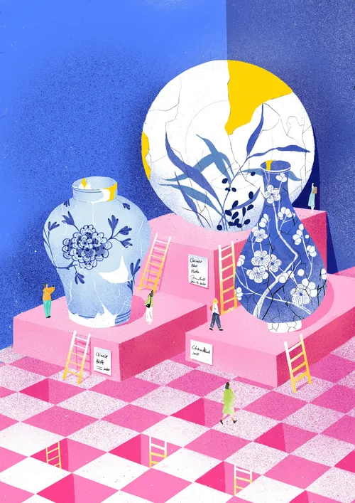 Exhibition of large blue and white porcelain vases on pink platforms