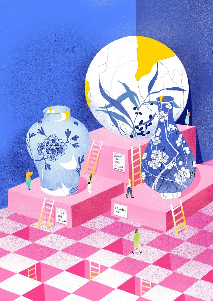 Exhibition of large blue and white porcelain vases on pink platforms