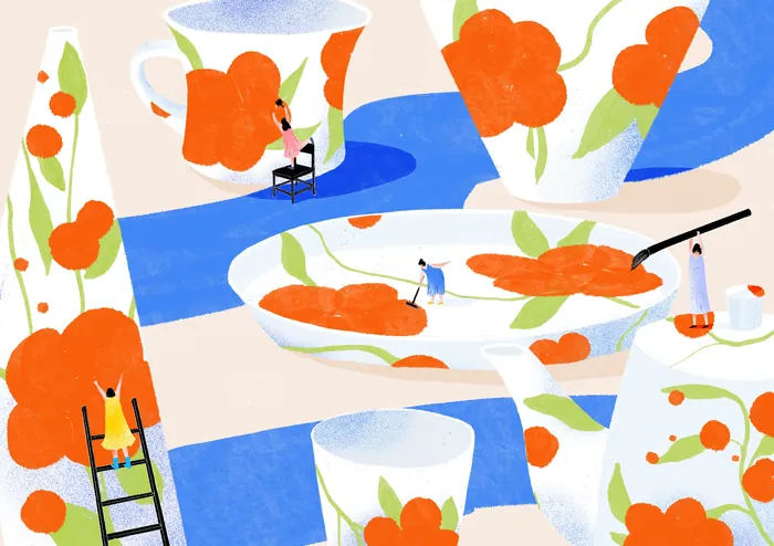 Illustration of white ceramic dishes with orange floral patterns
