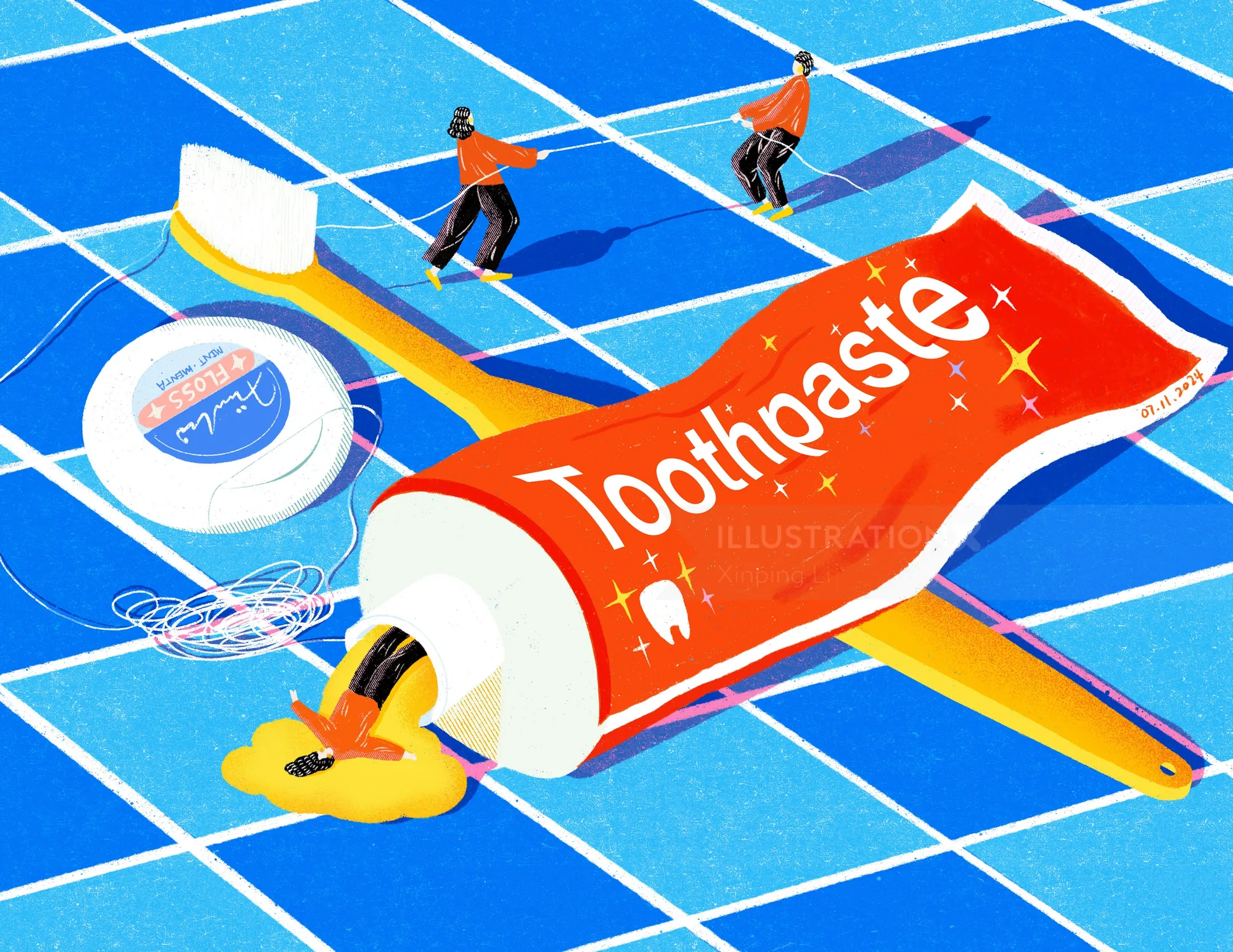 Miniature people cleaning giant toothbrush and toothpaste on blue tiles