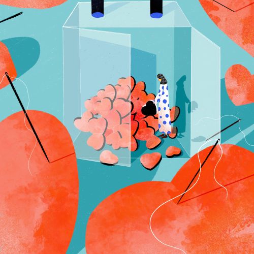 Person trapped in glass jar with heart and brain, surrounded by broken hearts