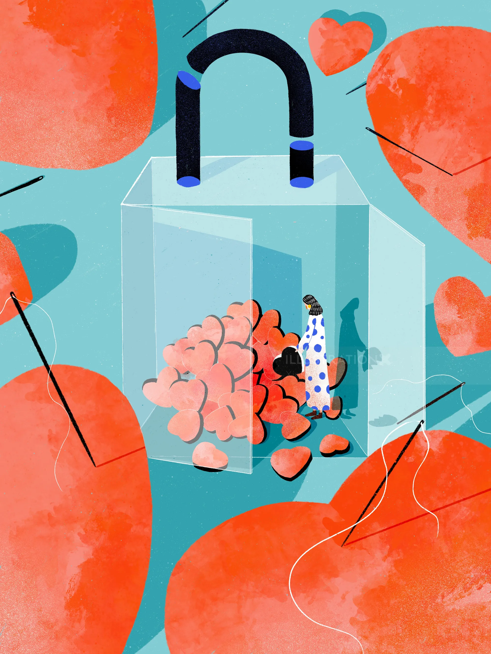 Person trapped in glass jar with heart and brain, surrounded by broken hearts