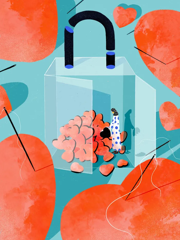 Person trapped in glass jar with heart and brain, surrounded by broken hearts