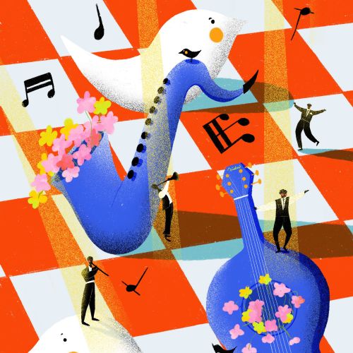 Surreal musical scene with birds and instruments on checkered floor