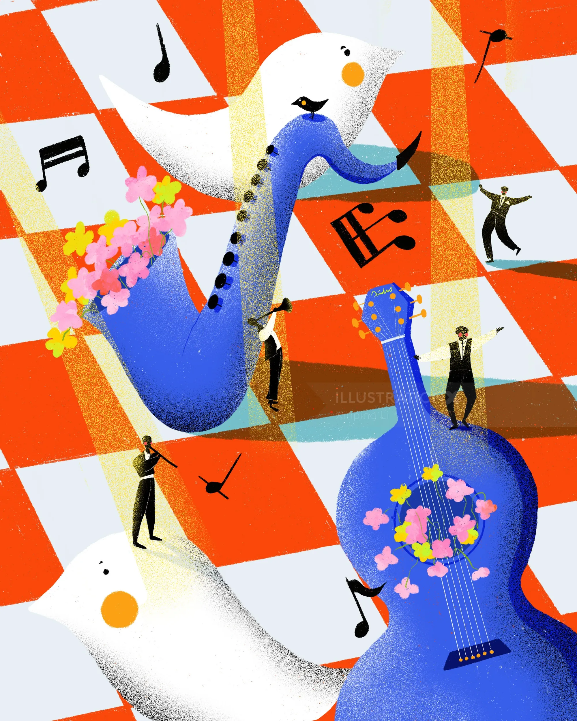 Surreal musical scene with birds and instruments on checkered floor