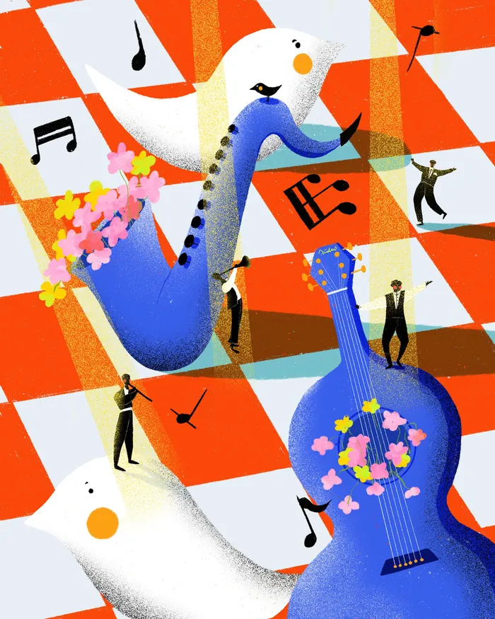 Surreal musical scene with birds and instruments on checkered floor