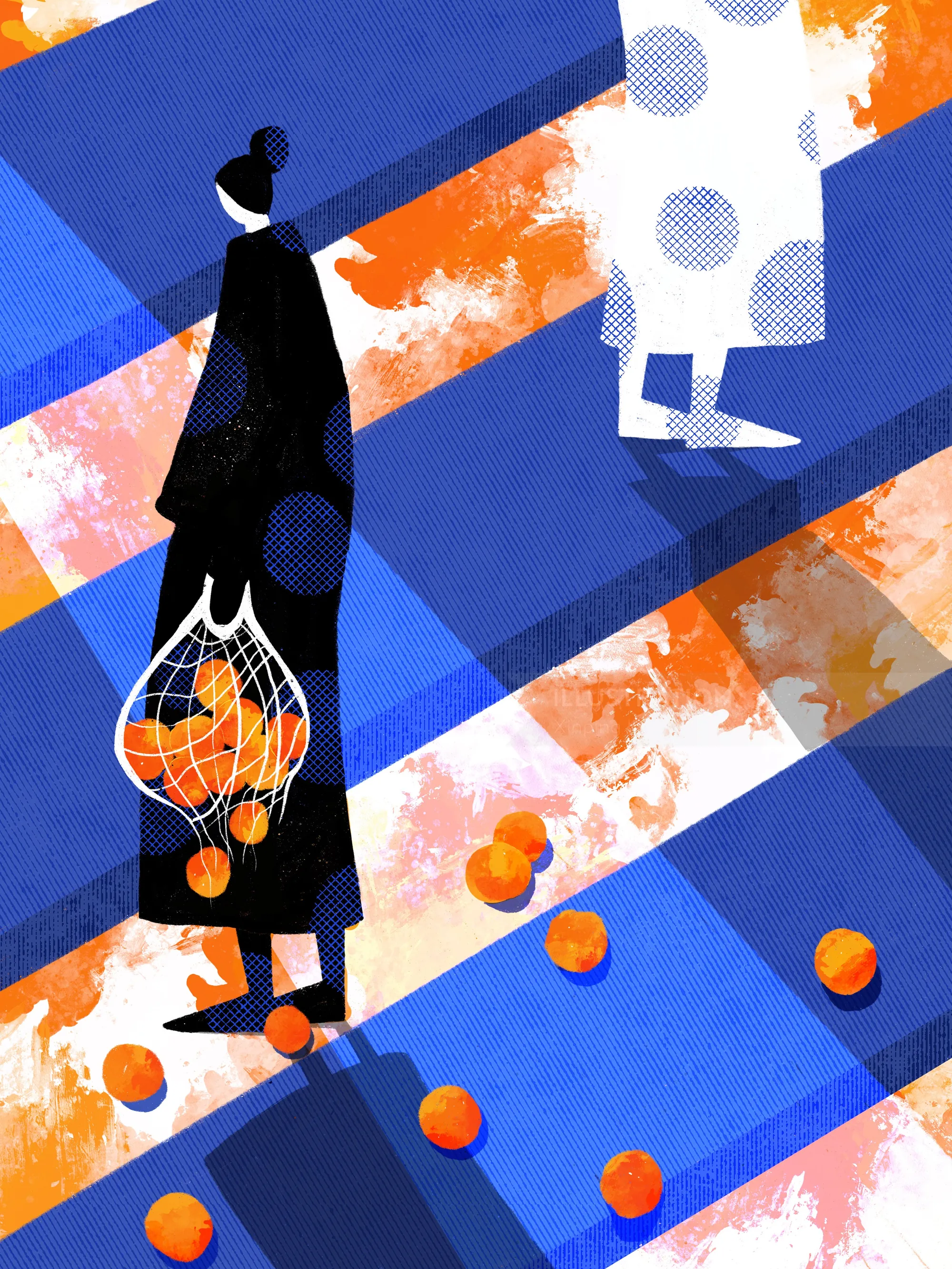 Silhouettes with oranges scattered on striped colorful ground