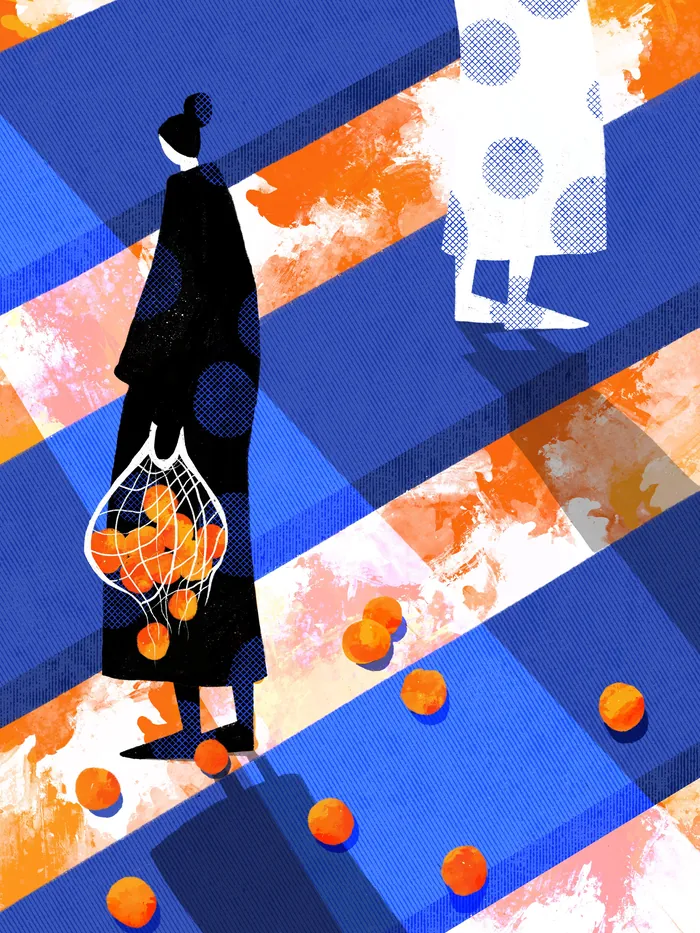 Silhouettes with oranges scattered on striped colorful ground