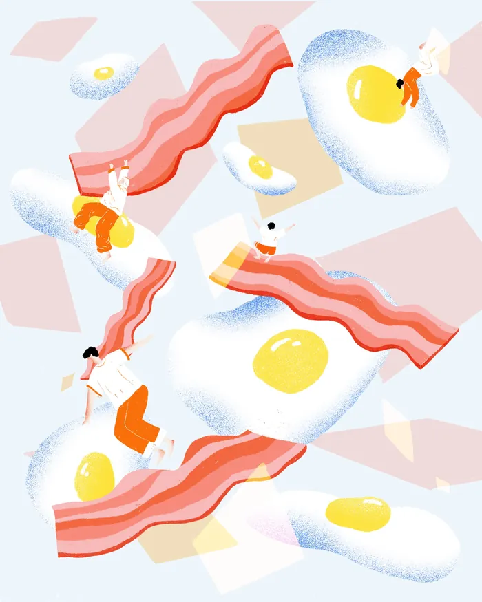 Illustration of fried eggs and bacon strips with small people interacting