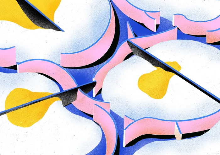 Illustration of fried eggs arranged in a maze-like pattern